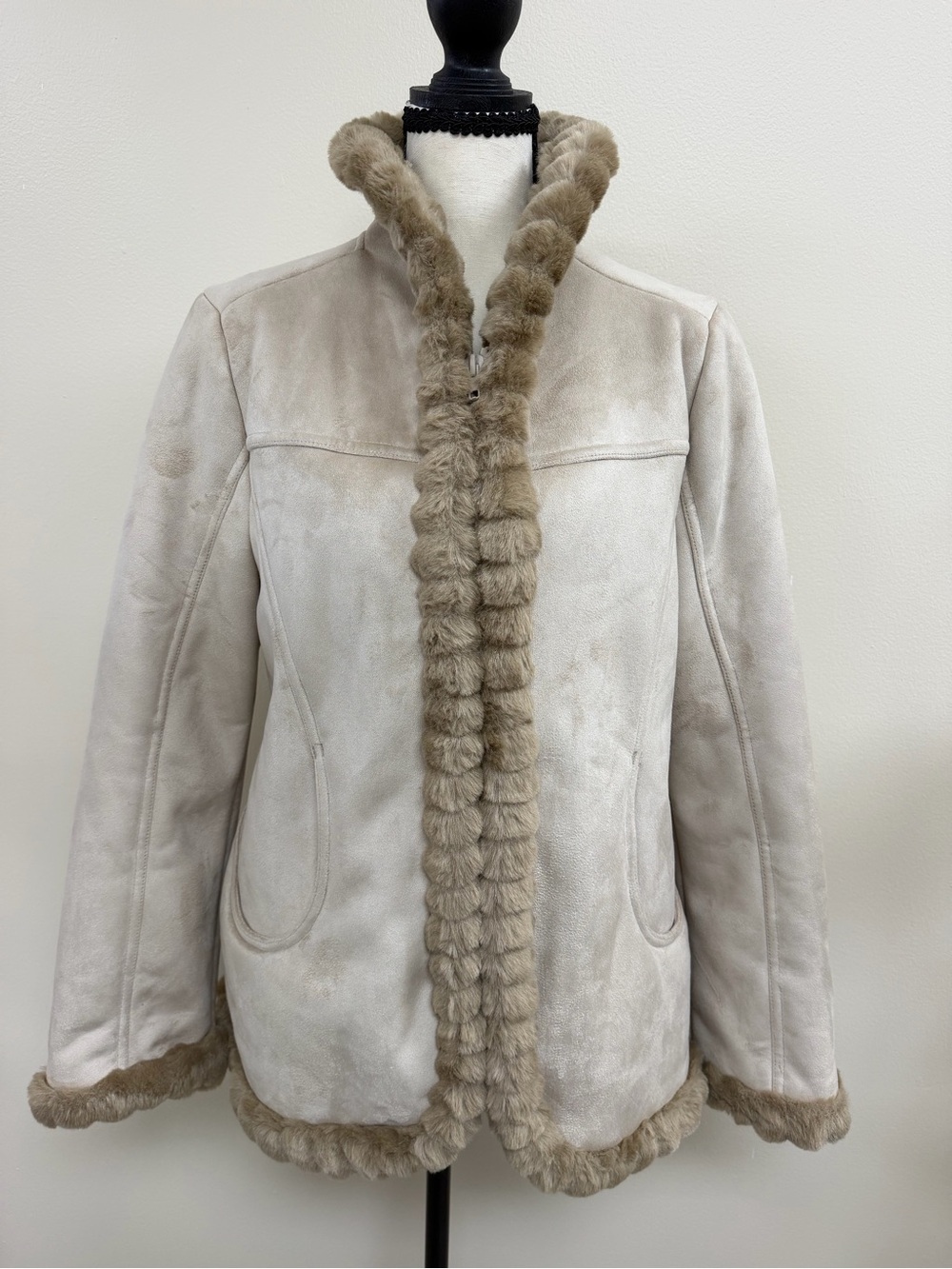 ESPRIT Womens Faux Fur Trim Suede Zip- Up Coat Penny Lane Style Winter Jacket